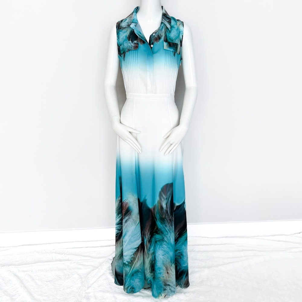 Waggon Paris Maxi Tropical Summer Spring Dress White Turquoise Leaf Print M